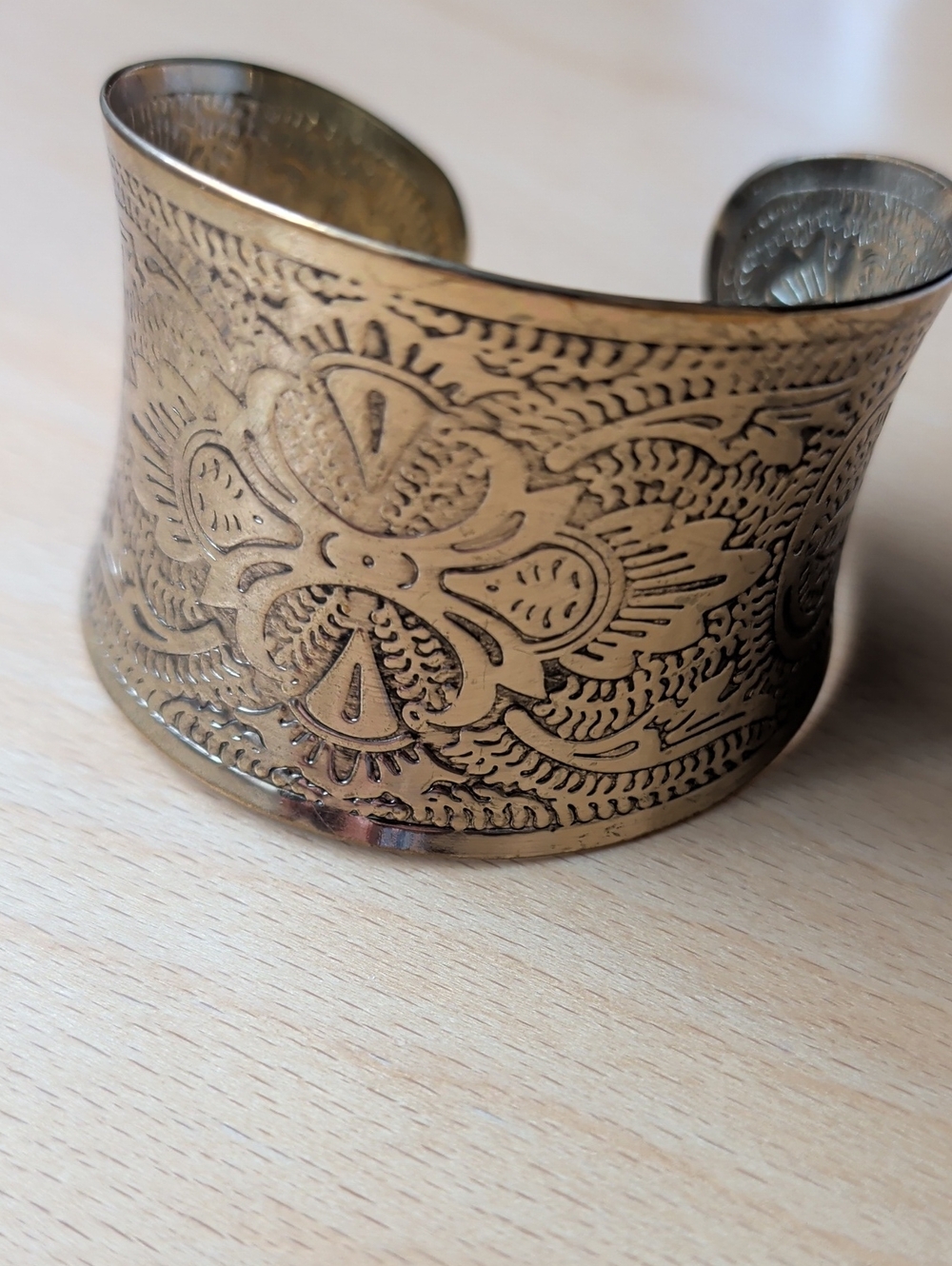 Engraved Wide Metal Cuff Bracelet - Brass Tone